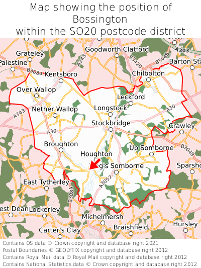 Map showing location of Bossington within SO20
