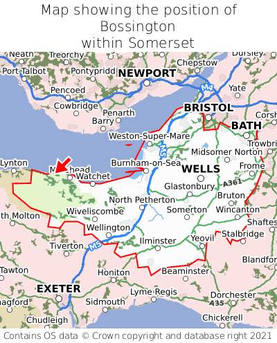 Map showing location of Bossington within Somerset