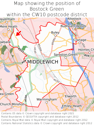 Map showing location of Bostock Green within CW10