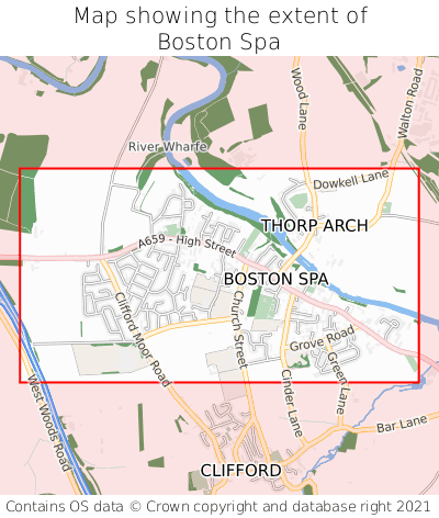 Map showing extent of Boston Spa as bounding box