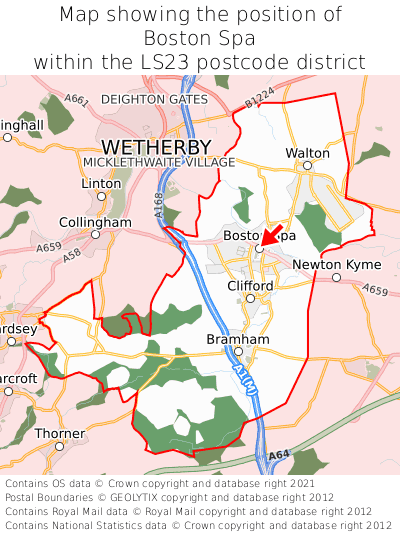 Map showing location of Boston Spa within LS23