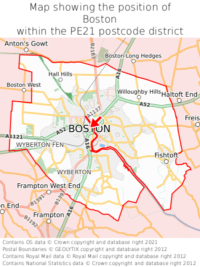 Map showing location of Boston within PE21