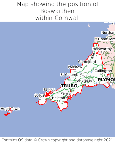 Map showing location of Boswarthen within Cornwall