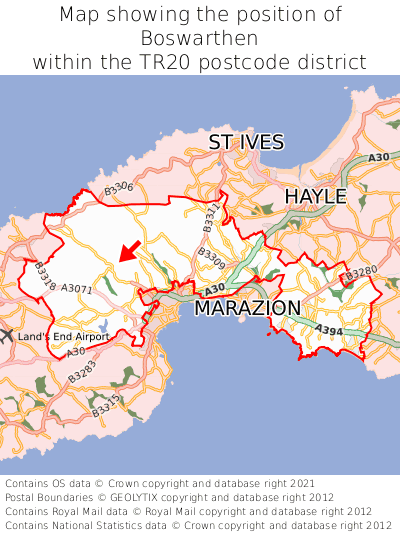 Map showing location of Boswarthen within TR20