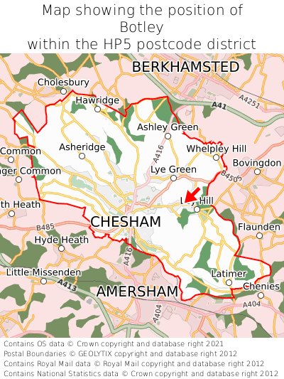 Map showing location of Botley within HP5