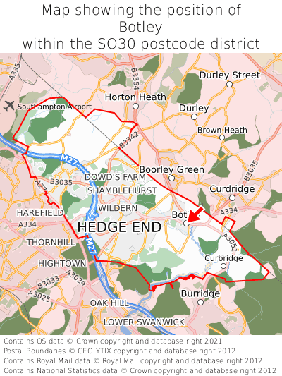 Map showing location of Botley within SO30