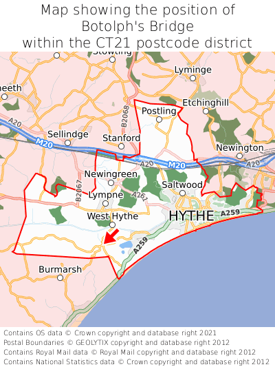 Map showing location of Botolph's Bridge within CT21