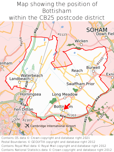 Map showing location of Bottisham within CB25