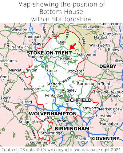 Map showing location of Bottom House within Staffordshire