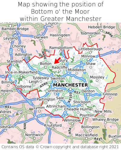 Map showing location of Bottom o' the Moor within Greater Manchester