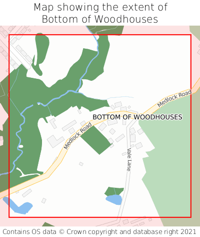 Map showing extent of Bottom of Woodhouses as bounding box