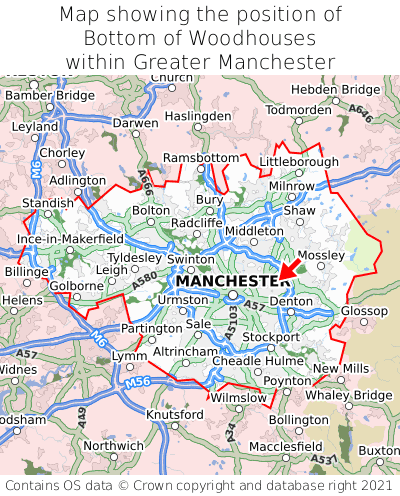 Map showing location of Bottom of Woodhouses within Greater Manchester