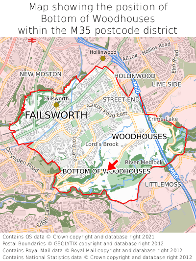 Map showing location of Bottom of Woodhouses within M35