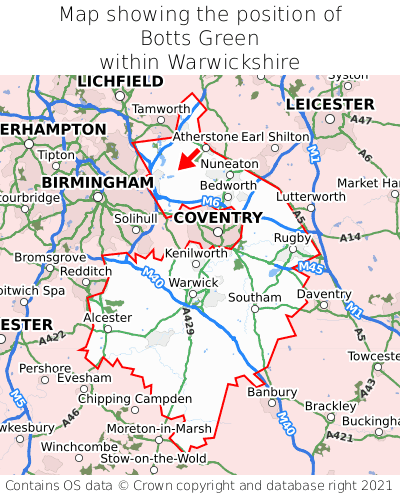 Map showing location of Botts Green within Warwickshire