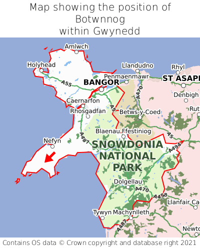 Map showing location of Botwnnog within Gwynedd