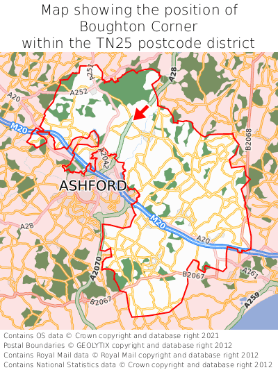 Map showing location of Boughton Corner within TN25