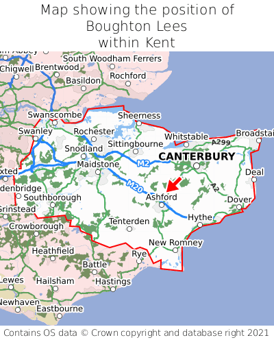 Map showing location of Boughton Lees within Kent