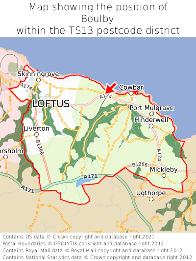 Map showing location of Boulby within TS13