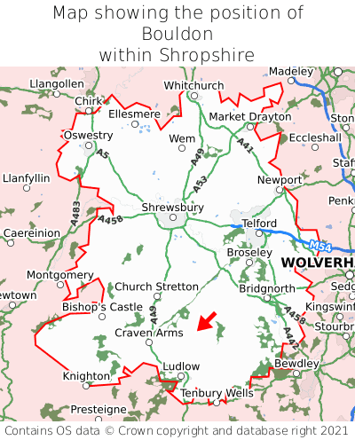 Map showing location of Bouldon within Shropshire