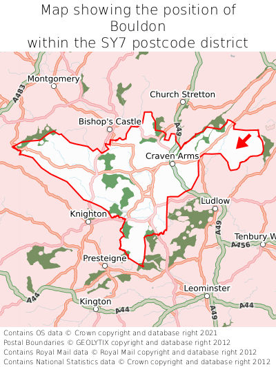 Map showing location of Bouldon within SY7