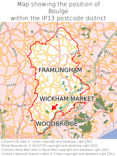 Map showing location of Boulge within IP13