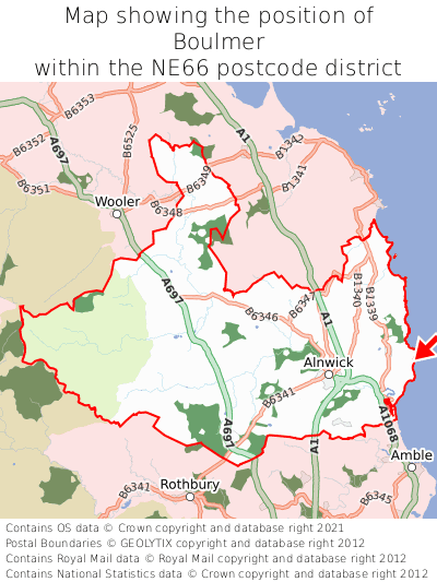 Map showing location of Boulmer within NE66