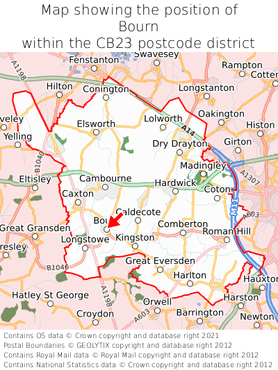 Map showing location of Bourn within CB23