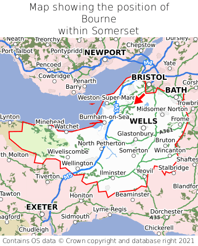 Map showing location of Bourne within Somerset