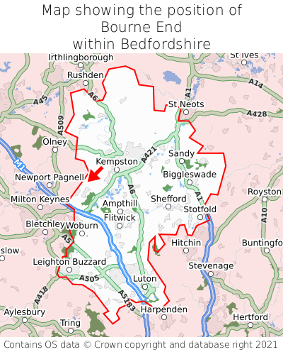 Map showing location of Bourne End within Bedfordshire