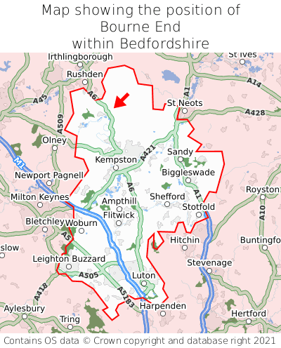 Map showing location of Bourne End within Bedfordshire
