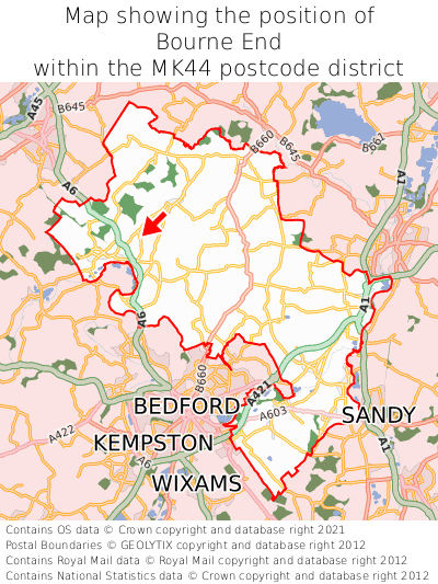 Map showing location of Bourne End within MK44