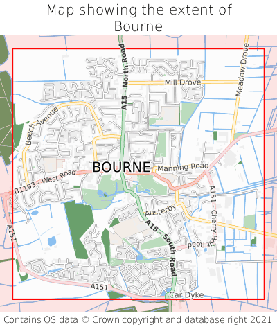 Map showing extent of Bourne as bounding box