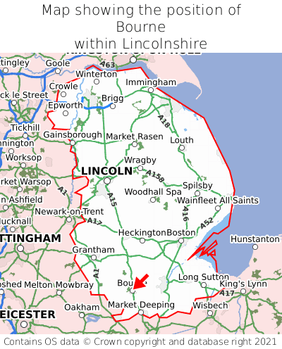 Map showing location of Bourne within Lincolnshire