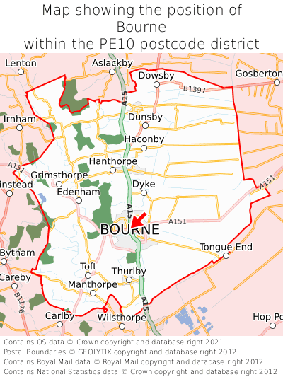 Map showing location of Bourne within PE10