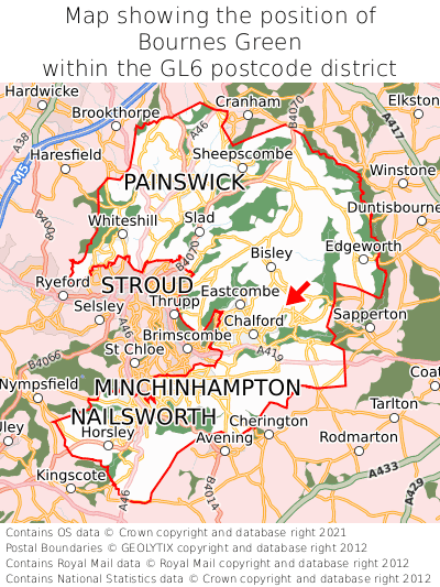 Map showing location of Bournes Green within GL6