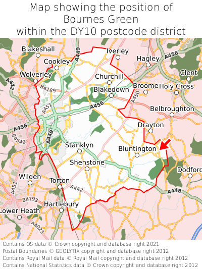 Map showing location of Bournes Green within DY10