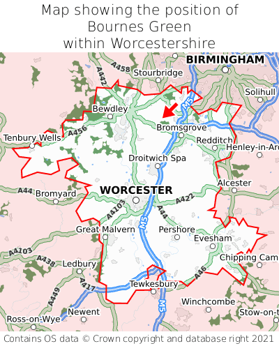 Map showing location of Bournes Green within Worcestershire