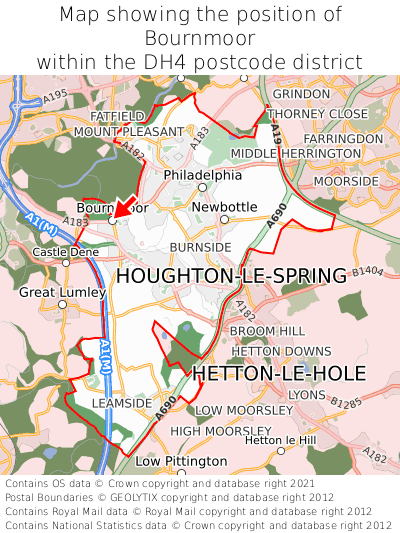 Map showing location of Bournmoor within DH3