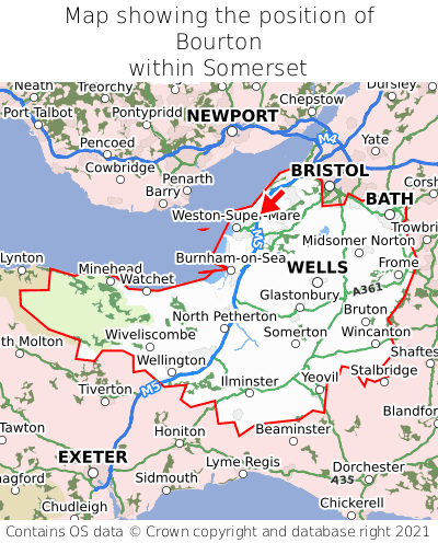 Map showing location of Bourton within Somerset