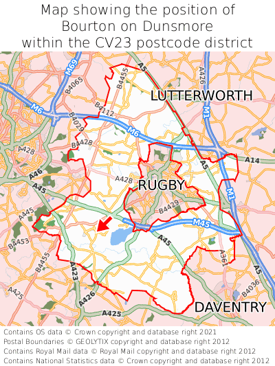 Map showing location of Bourton on Dunsmore within CV23