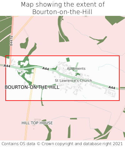 Map showing extent of Bourton-on-the-Hill as bounding box