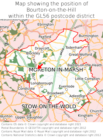 Map showing location of Bourton-on-the-Hill within GL56