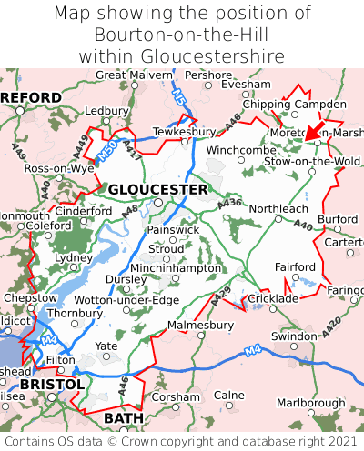 Map showing location of Bourton-on-the-Hill within Gloucestershire