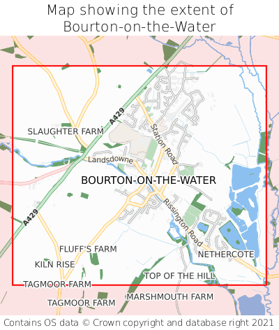 Map showing extent of Bourton-on-the-Water as bounding box