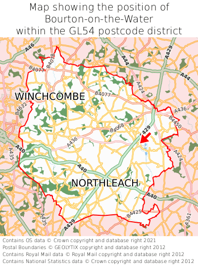 Map showing location of Bourton-on-the-Water within GL54