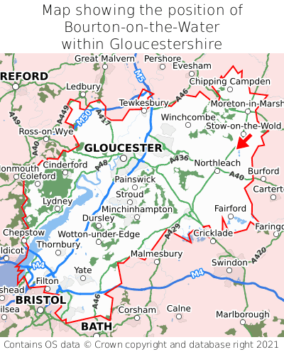 Map showing location of Bourton-on-the-Water within Gloucestershire