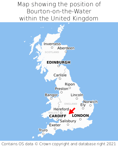Map showing location of Bourton-on-the-Water within the UK