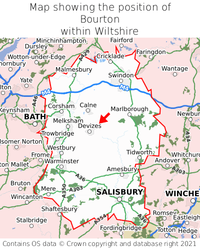 Map showing location of Bourton within Wiltshire