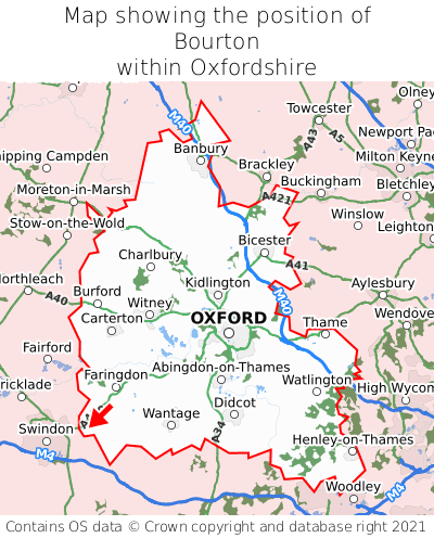 Map showing location of Bourton within Oxfordshire