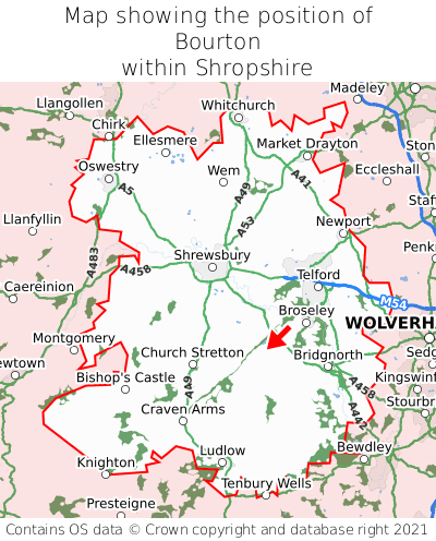 Map showing location of Bourton within Shropshire
